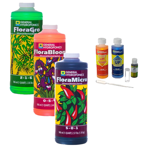 General Hydroponics Flora Series Fertilizer Bundle Quart, with FloraMicro, FloraGro, FloraBloom and pH Control Kit