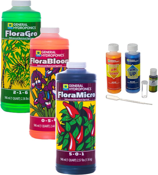 General Hydroponics Flora Series Fertilizer Bundle Quart, with FloraMicro, FloraGro, FloraBloom and pH Control Kit